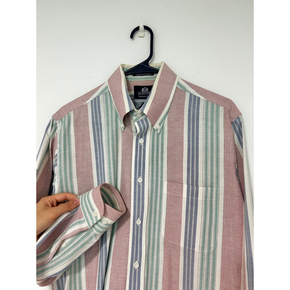 Stafford Mens Wrinkle Free Striped Button Down Shirt Red Blue Green 15.5 32/33